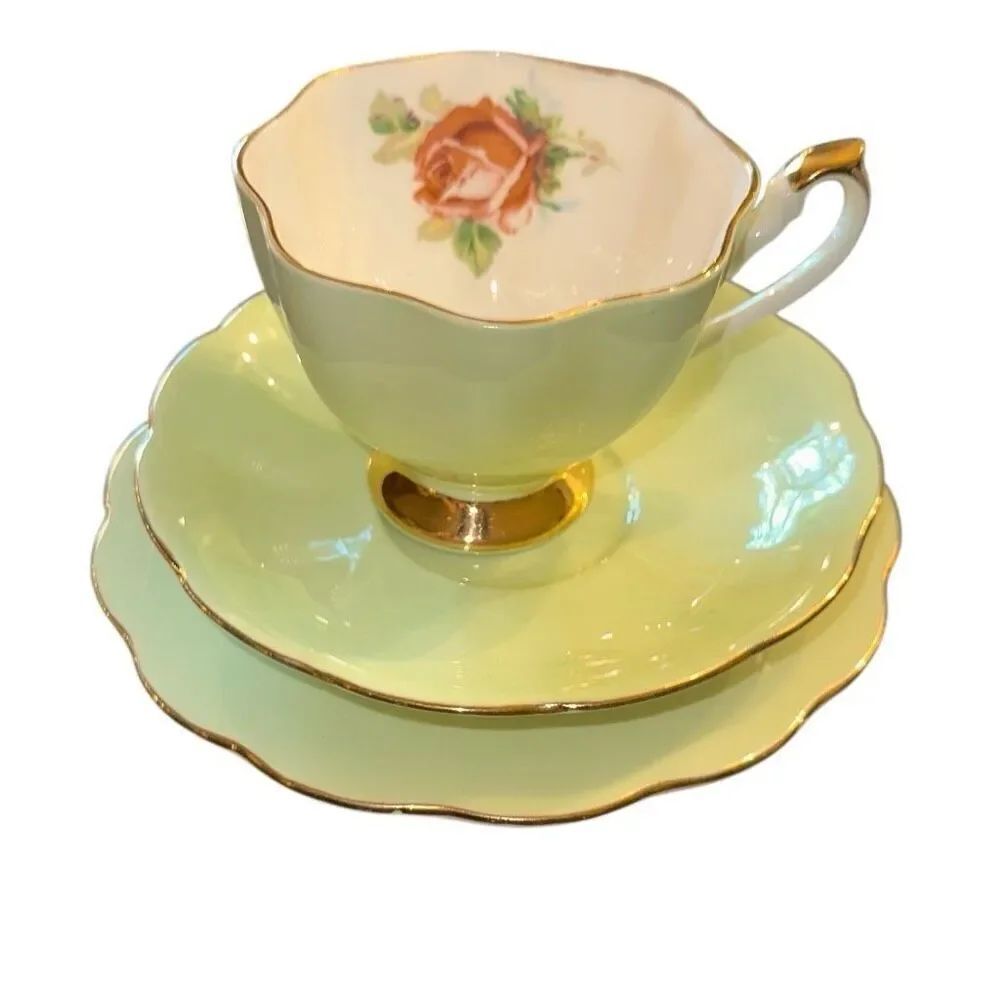 Vintage Queen Anne Fine Bone China Teacup, Saucer, & Tea Plate Trio Pastel green
